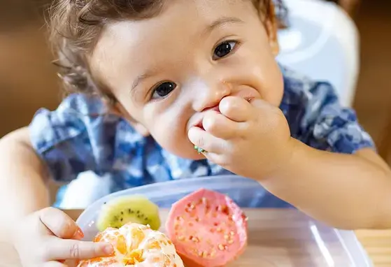 Bebe comiendo alimentos con la mano